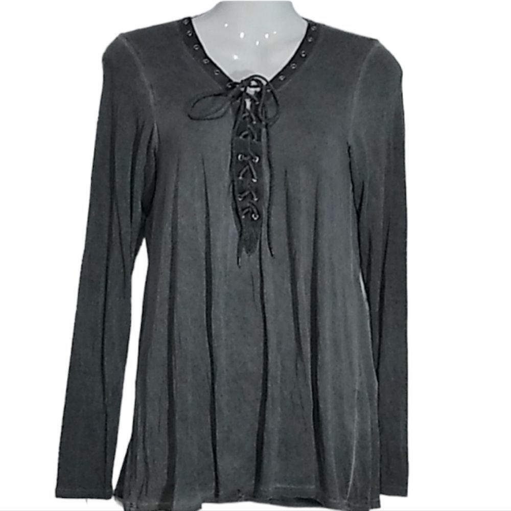T PARTY Gray tie-dye fade lace up long sleeve S